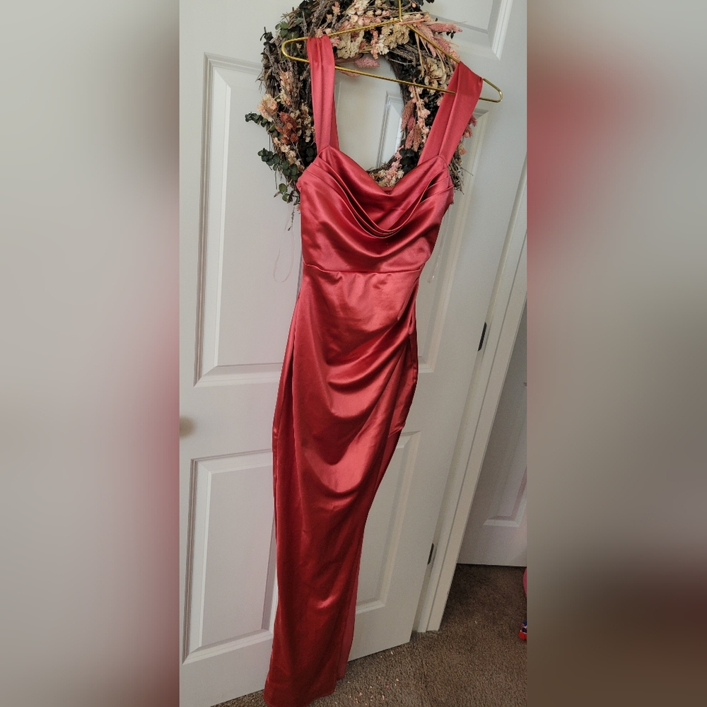 Windsor Kirsten Satin Cowl Neck High Slit Formal Dress - Picture 6 of 10